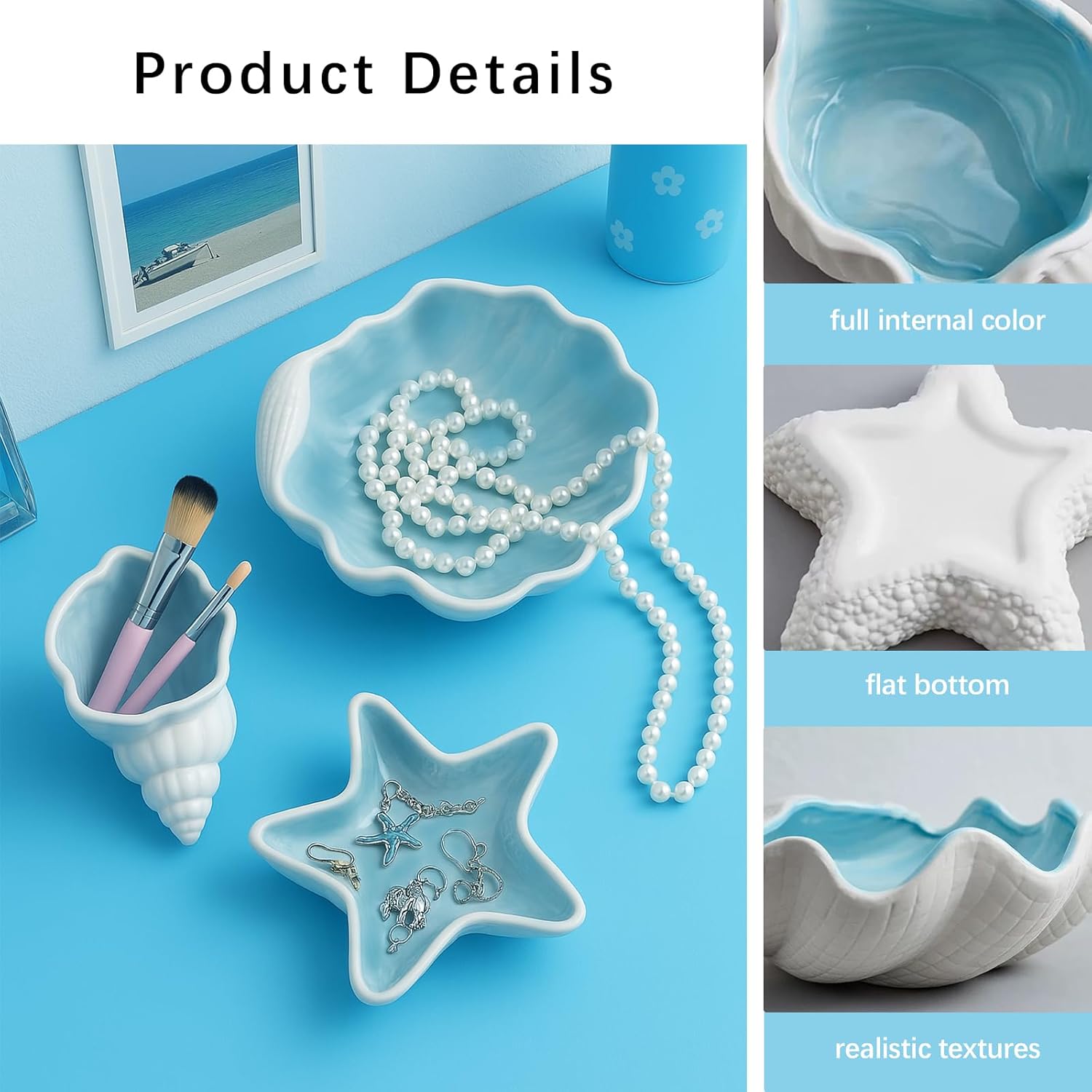 3 Pcs Starfish Shape Ceramic Jewelry Tray Aqua Shell Trinket Dish Conch Shape Ceramic Jewelry Tray Ring Earring Holder Ocean Themed Trinket Plate Decorative Earring Rings Bracelet