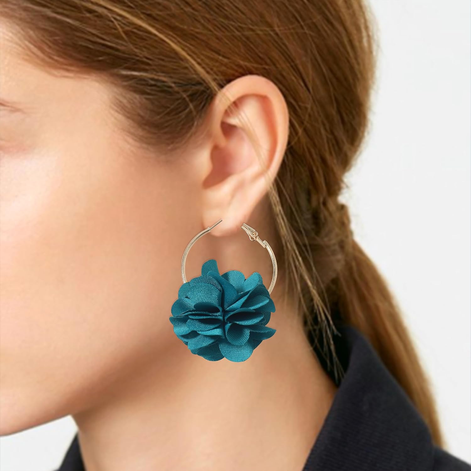 Charm Bohemian Fabric Flowers Dangle Earrings Colored Petal Hoop Drop Earrings With Chiffon Floral Tassel For Women - Image 4