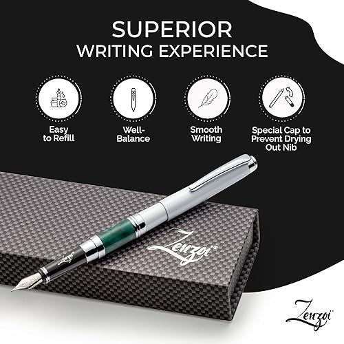 Vista 12 de ZenZoi Pluma estilográfica negra – Hermoso bolígrafo de escritura suave para hombres o mujeres. Punta fina Schmidt Premium. Juego de caja de regalo