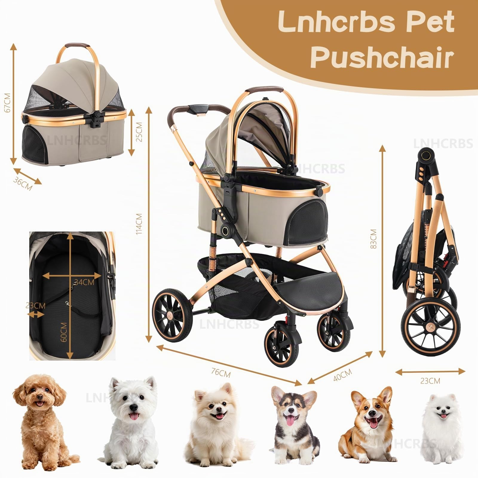 Carro Perro-Un Práctico Carrito Para Perros y Carro Para Perros con Cesta Desmontable, Chasis de Aluminio (Hasta 22 Kg)-Plegado en Un Paso, Gran Cesta-Para Mascotas Pequeñas/Medianas,Khaki