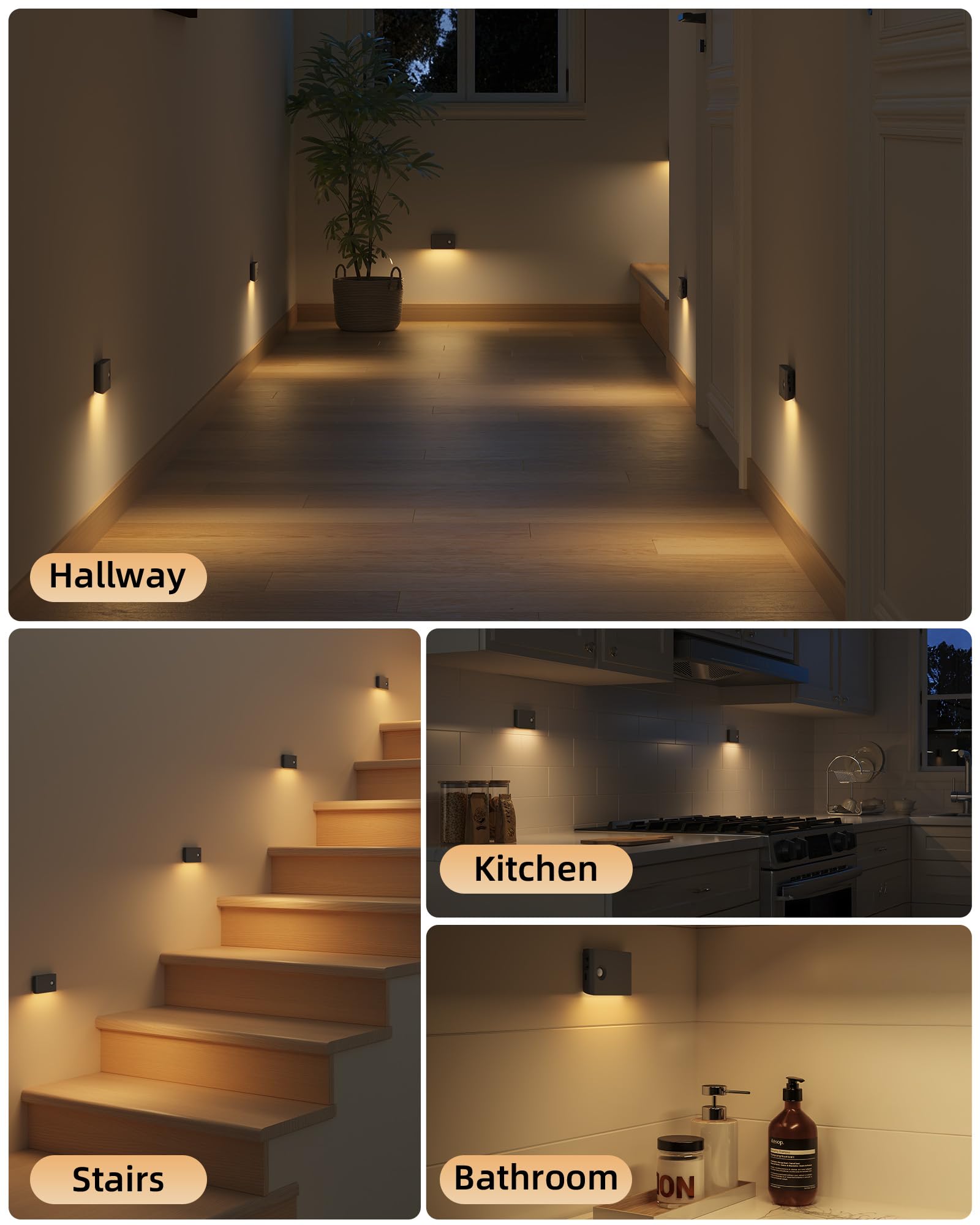 EZVALO Set de Luces Nocturnas Portátiles con Iluminación LED Sincronizada para Escaleras Interiores y Sensor de Movimiento (Paquete de 8 Unidades)