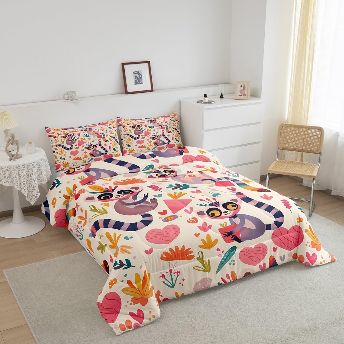 Erosebridal Cartoon Lemur Kids Down Comforter,Red Love Heart Girly Toddler Bedding Sets Colourful Bohemian Leaf Queen Comforter Sets Cute Wildlife Animals Duvet Set for Child Room Decor