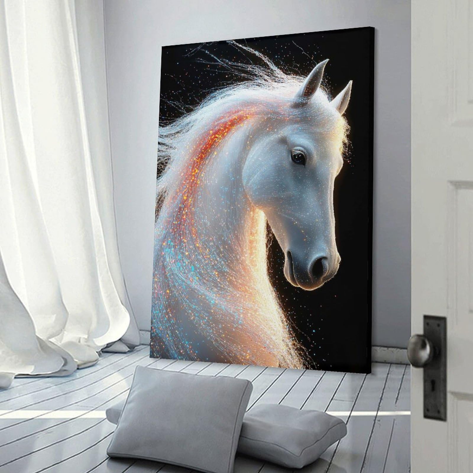 Junmoney Frame-Style-9 Canvas Art Print Sparkling White Horse Portrait, 24X36inch(60X90cm), For Office, Study Or Home Workspace, Wall Art That Adds Style To Work Areas