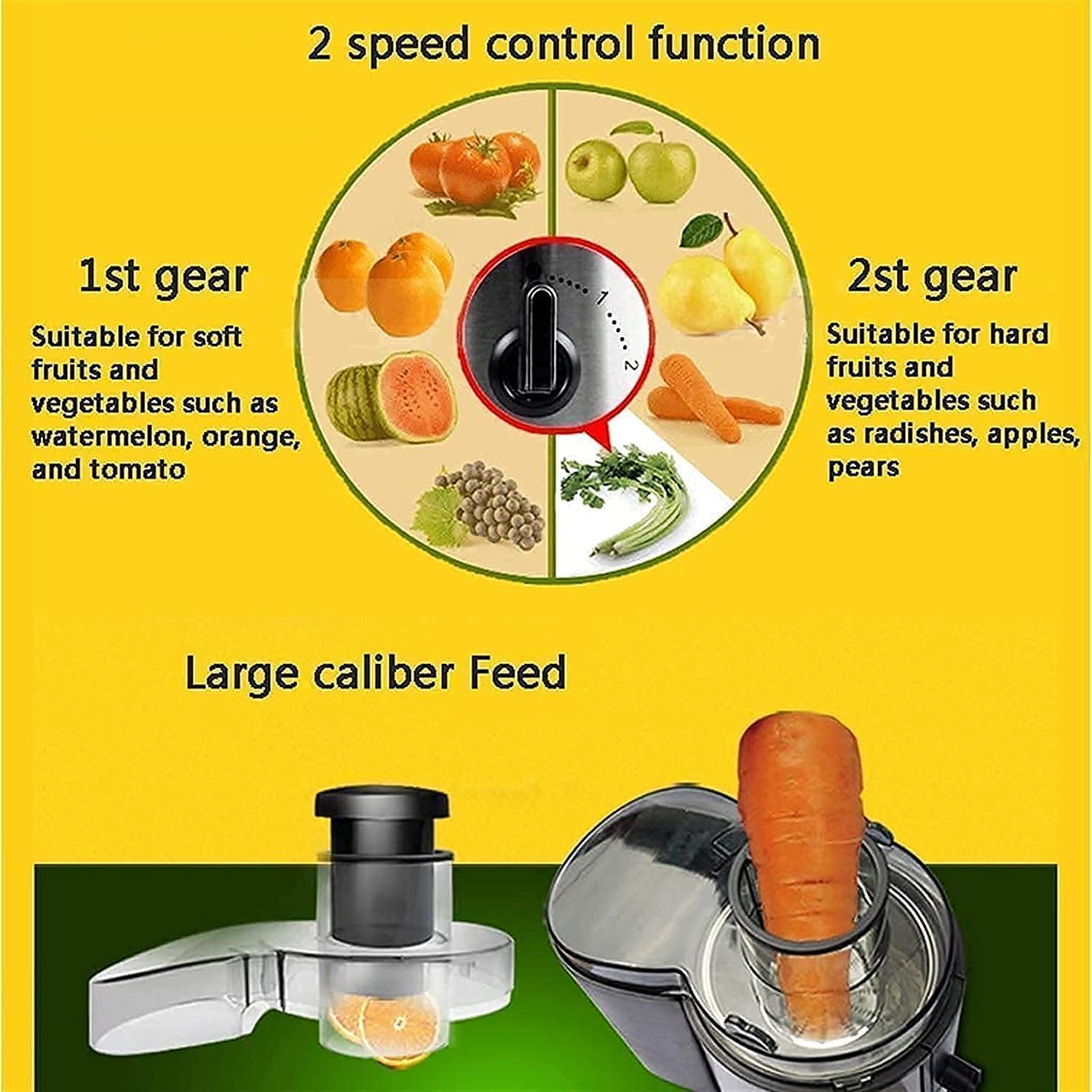 Estrattore di Succo, estrattore di Succo con Bocca Larga da 2,6'', centrifuga a 2 velocità per Frutta e Verdura, Senza BPA