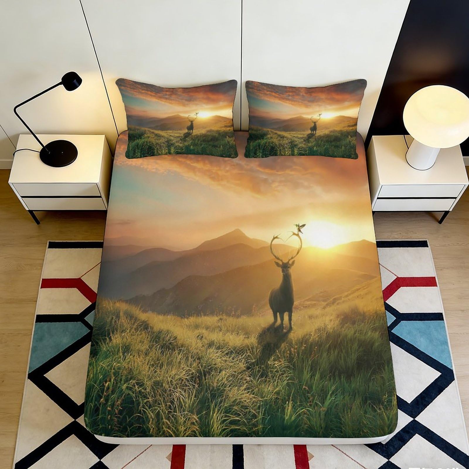3D Printed Sunrise Mountain Fitted Sheet Microfiber Soft Breathable Deer Landscape Mattress Cover Bedroom Decor 90x200x25cm