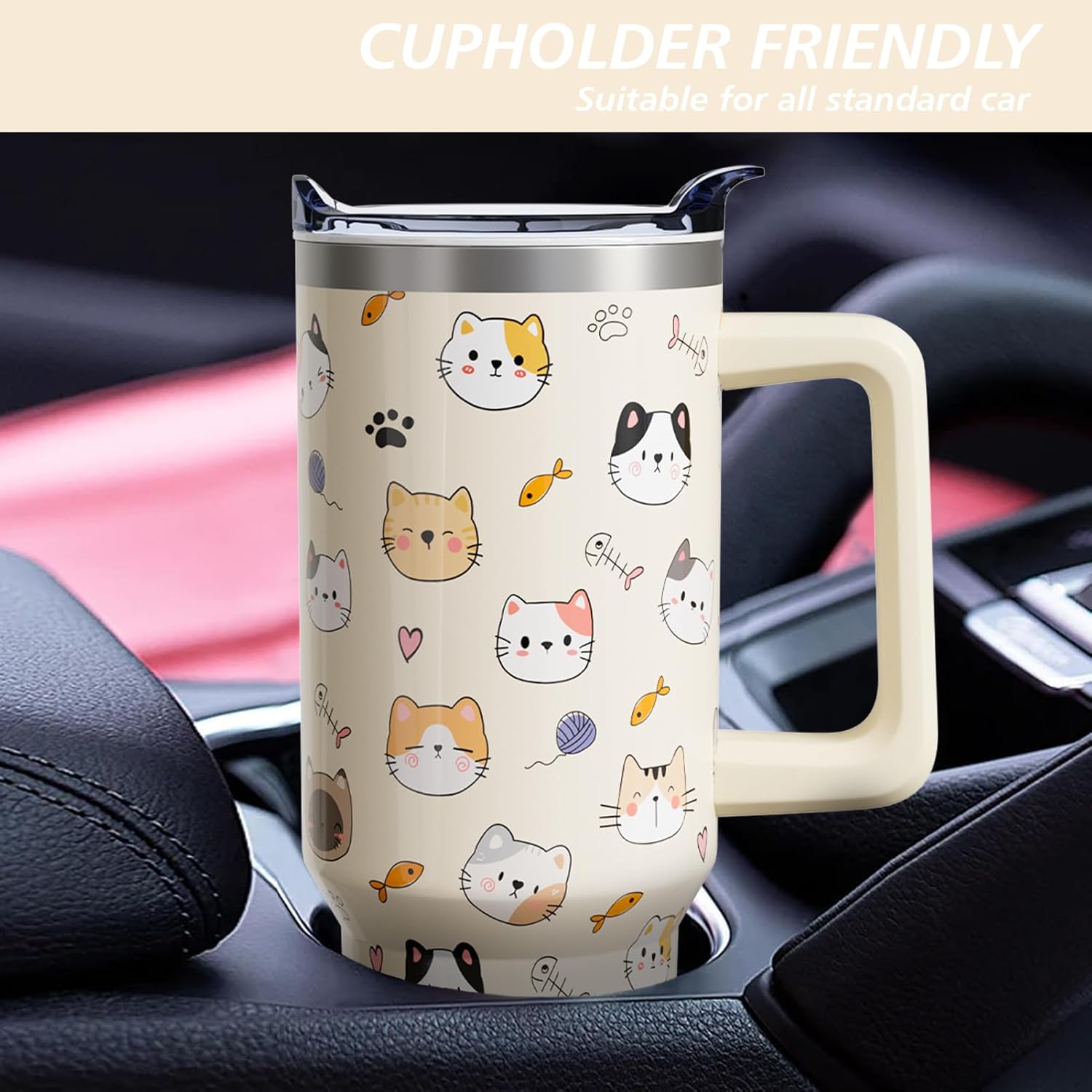 Cat Gifts Cup for Women Girls, 40oz Tumbler with Handle and Straw Lid, Cute Cats Lover Stainless Steel Insulated Water Bottle Mug (1PC) - Image 6