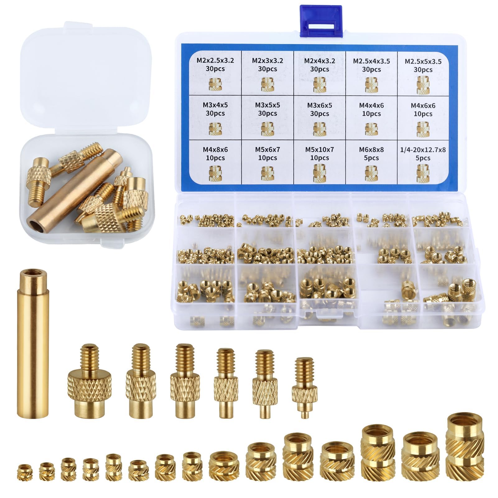 LEONTOOL 307pcs Threaded Inserts Assortment Kit, M2 M2.5 M3 M4 M5 M6 1/4-20 Metric knurled Nuts