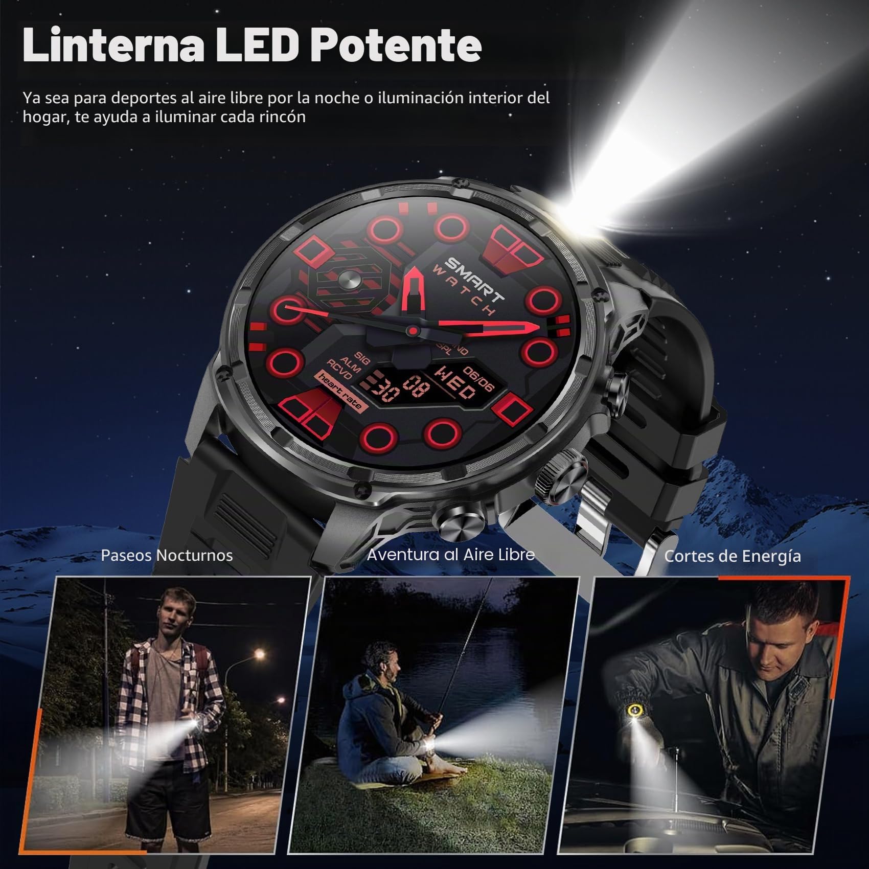 Reloj Inteligente Hombre Militar, Pantalla AMOLED de 1,85", Llamadas Bluetooth, Linterna LED, Batería de 750 mAh, 120 Modos Deportivos, Smartwatch hombre para Android e iOS, IP68 Impermeable