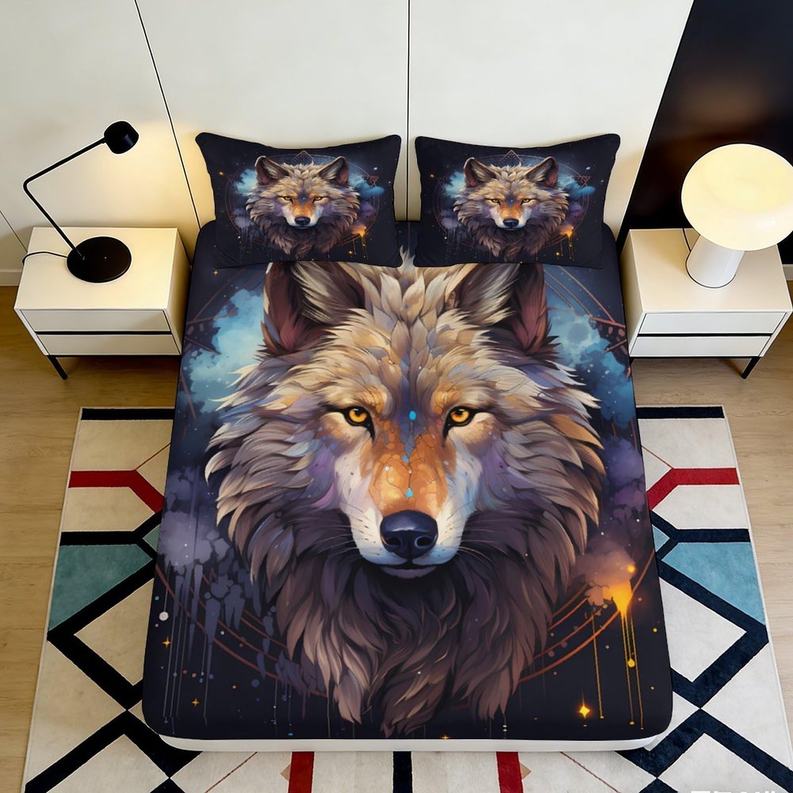 3D Printed Wolf Art Fitted Sheet Microfiber Soft Non-slip Galaxy Nebula Mattress Cover for Bedroom Guest Room Decor 200x200x25cm