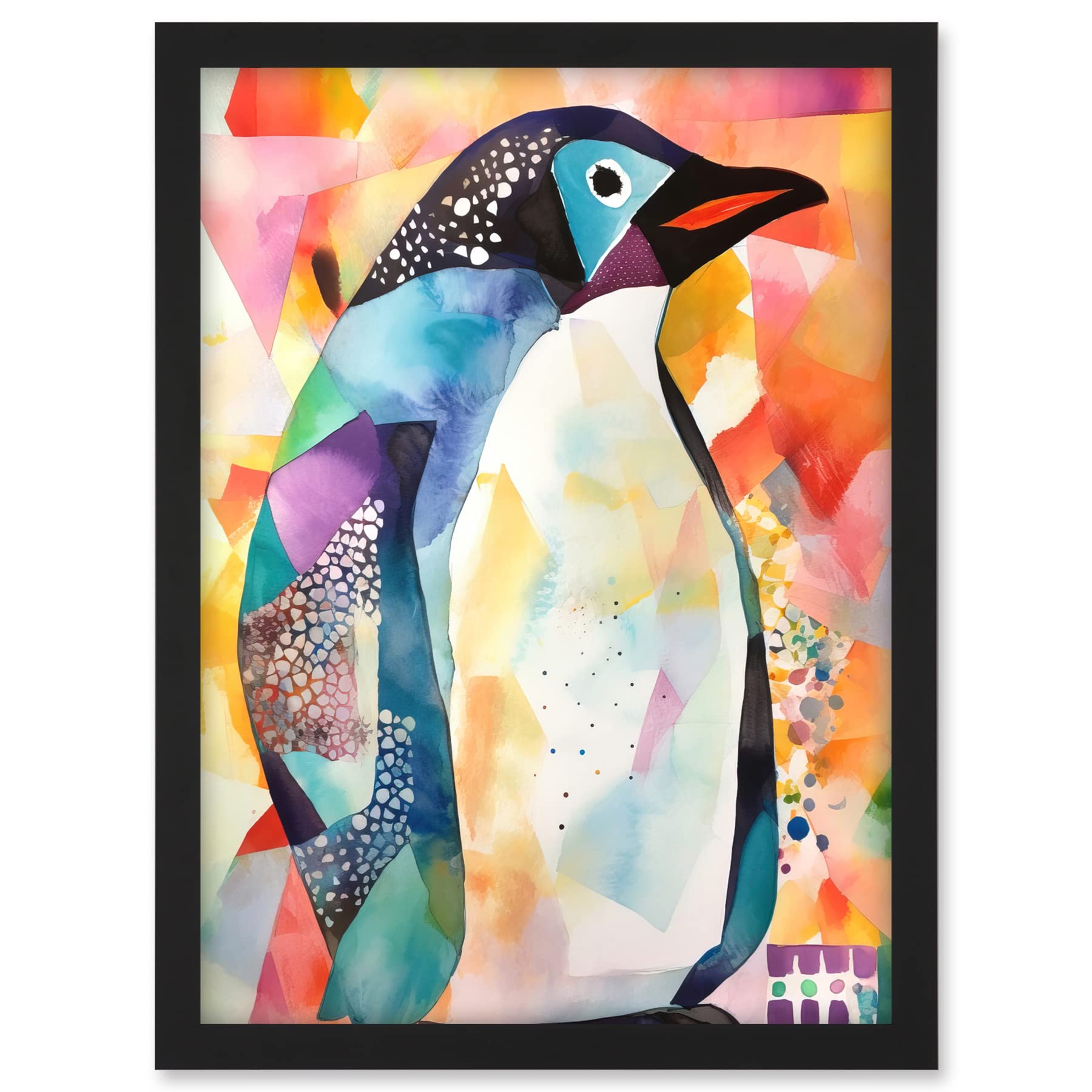 Artery8 Polygon Colour Penguin Folk Art Artwork Framed A3 Wall Art Print