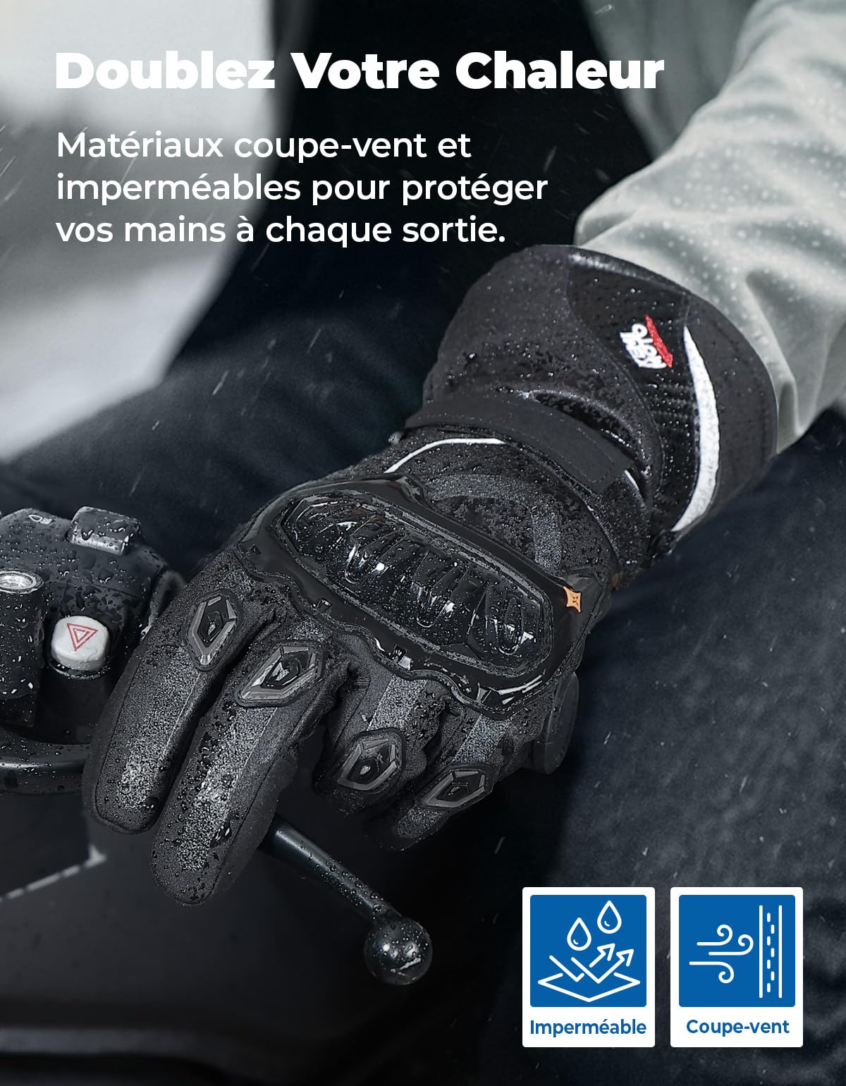 KEMIMOTO Gants Moto Hiver, Gants Imperméable Homologués Hommes Protection Multicouche, Chaude, à Deux Doigts Écran Tactile pour Activités de Plein Air Hivernales, Ski, Randonnée, Vélo