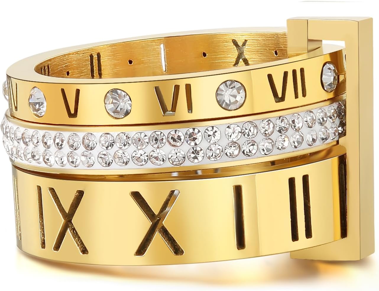 YIKOXI14K Love Friendship Lucky Ring Cubic Zirconia Gold Ring Sets Stainless Steel Rings for Women Girls Roman Numeral 3 in 1 Weeding Band