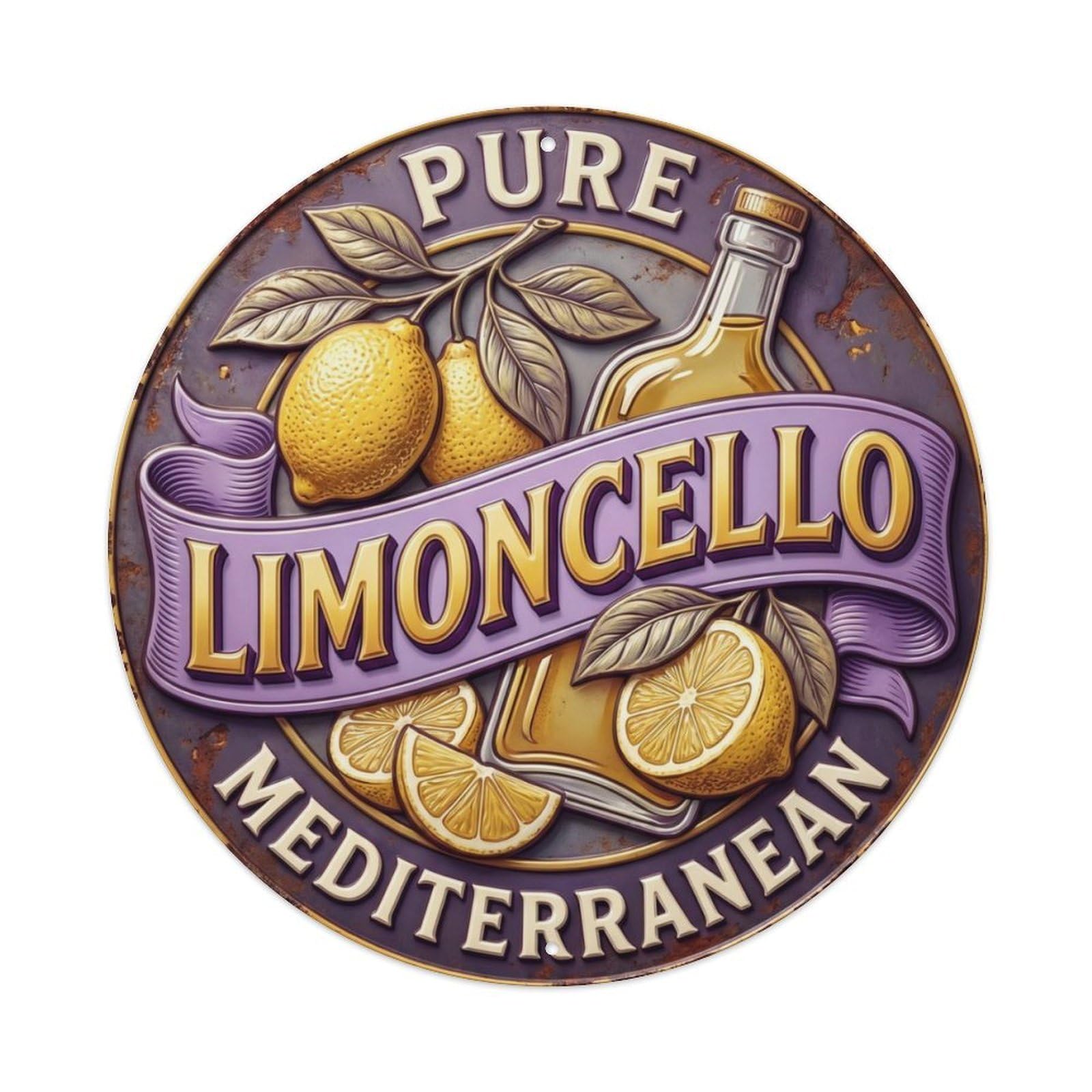 Pure Italian Limoncello Sign Metal Tin Sign Plaque Wall Decor for Cafe, Club Bar, Office, Home Garden Round Metal Poster 8x8Inch