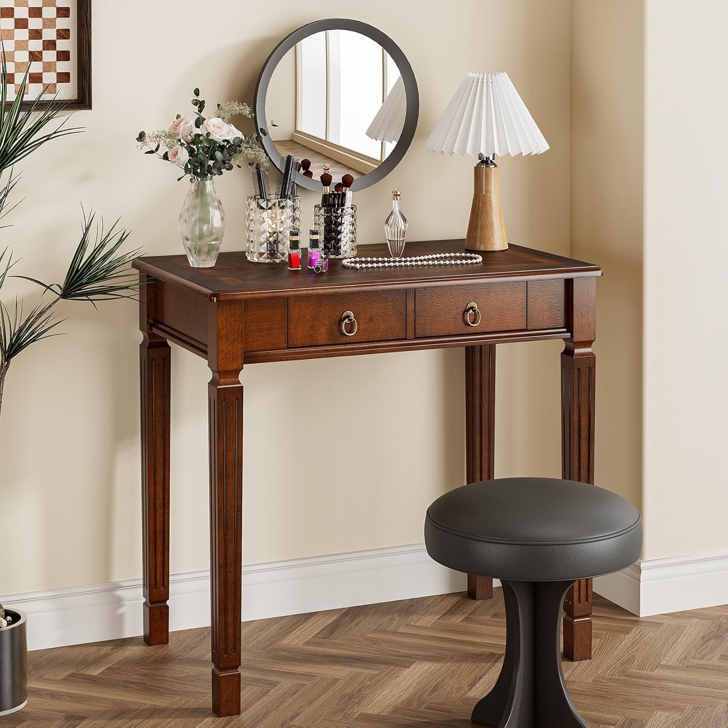 PADMA HOUSE Scrittoio in Legno Massiccio 80cm, Scrivania Vintage con 2 Cassetti, Tavolo da Studio Robusto per Computer e Ufficio, Mobile Salvaspazio Stile Classico
