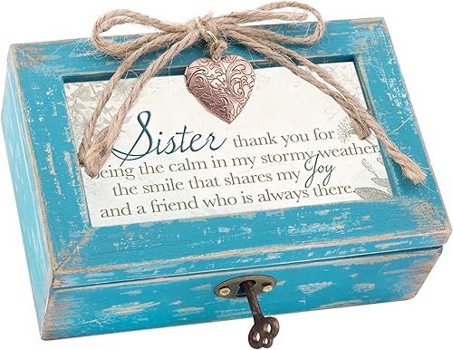 Ebros Gift Cottage Garden Sister Thank You For Being The Calm In My Stormy Weather - Caja de música de madera envejecida verde azulado con llave y