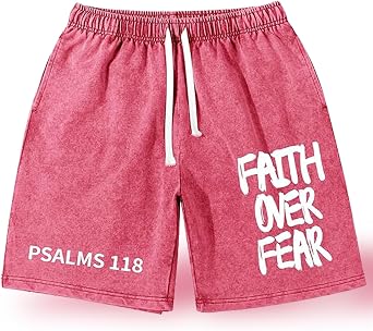 Christian Faith Over Fear Graphic Shorts for Men, Vintage Acid Wash Short, Mens Gym Sport Shorts with Pockets