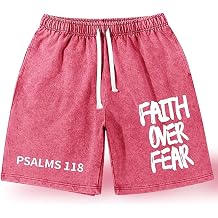 Christian Faith Over Fear Graphic Shorts for Men, Vintage Acid Wash Short, Mens Gym Sport Shorts with Pockets