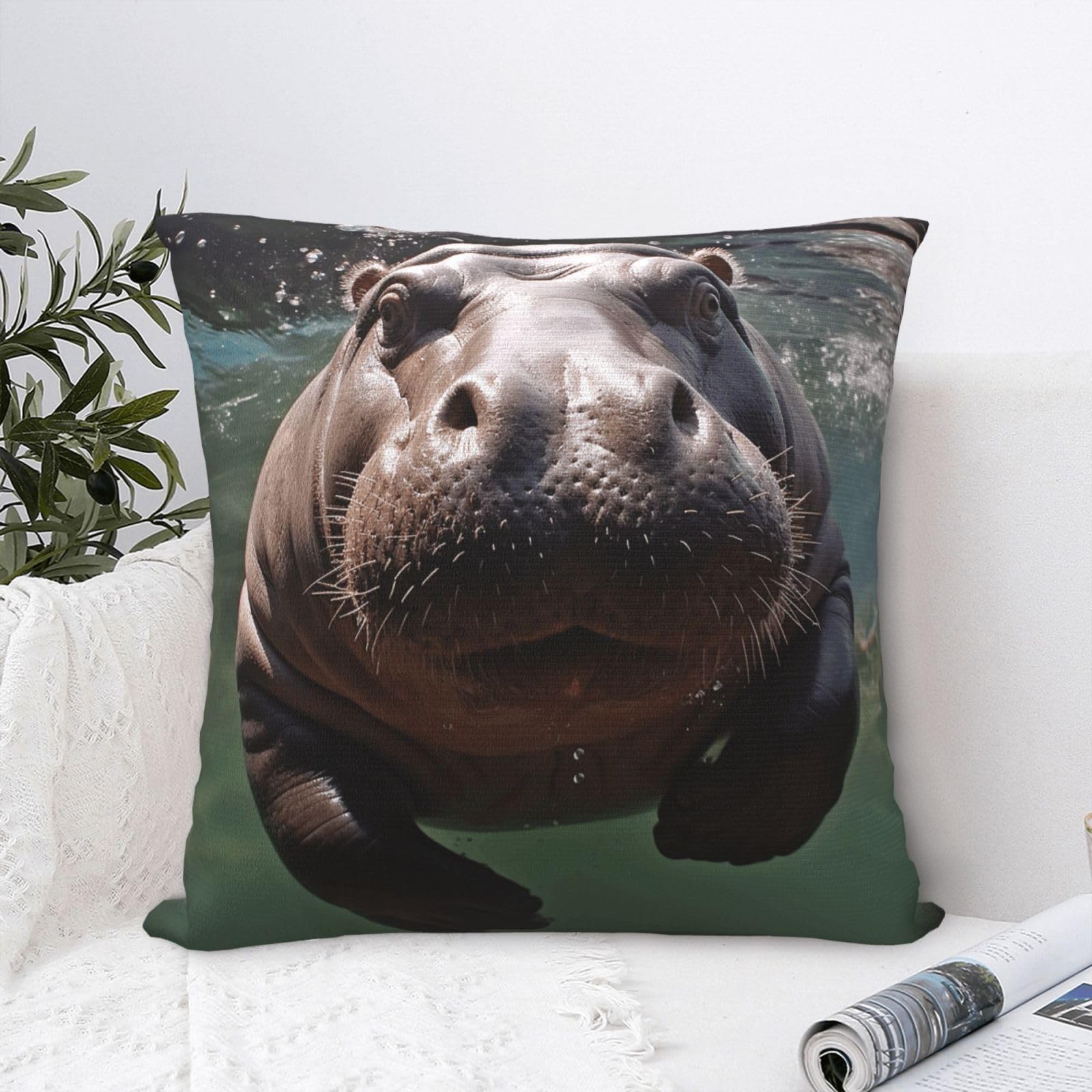 FodPand Luxury Velvet Throw Pillow Covers 24"x24" Super Soft Decorative Pillow Cases - Diving Hippo Pillowcases Modern Lumbar Cushion Cases for Couch Sofa Bed Pillow Shams