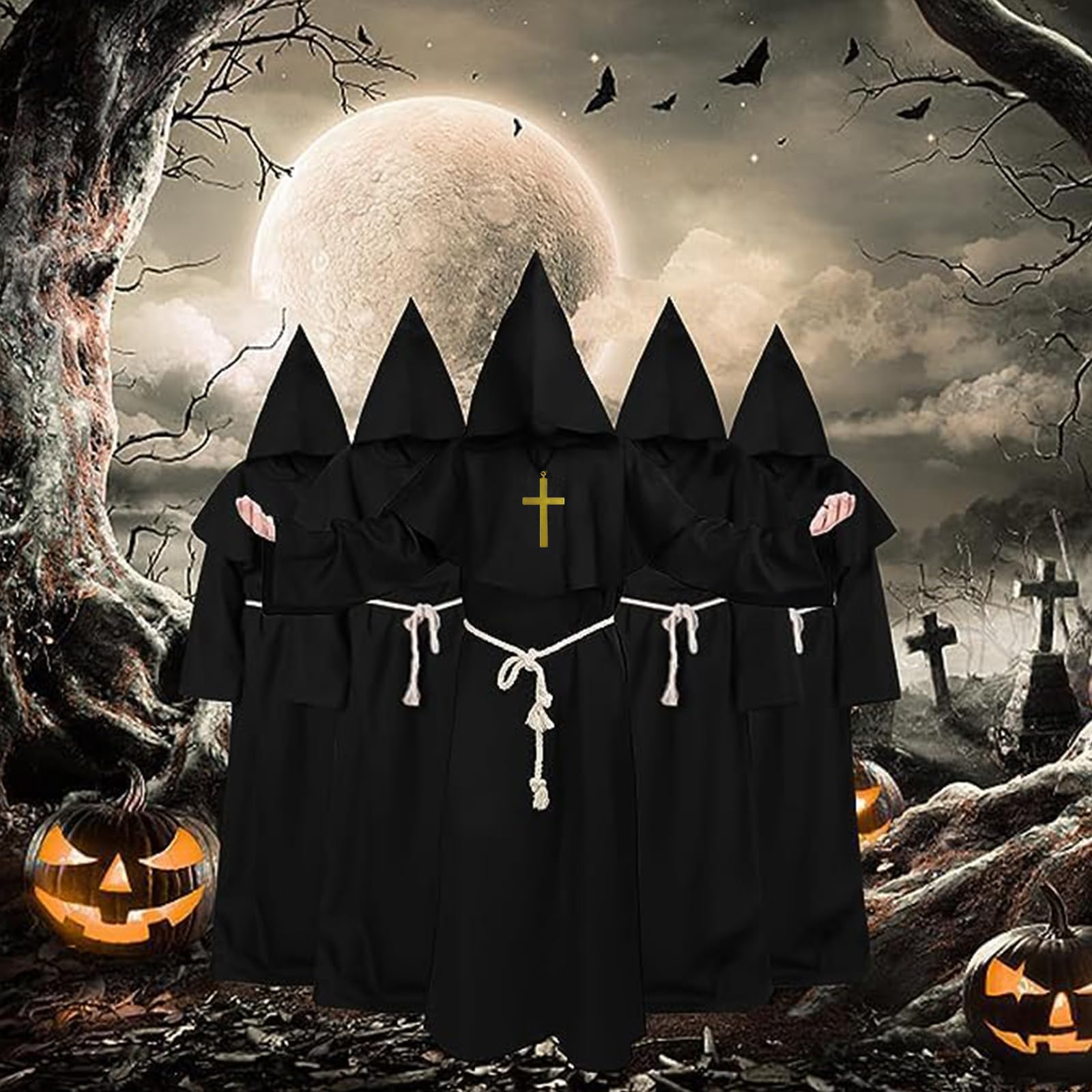 Kostium mnicha, kostium kapłana męski, szata średniowieczna czapka mnicha na Halloween, karnawał, kostium męski z kapturem i paskiem linowym