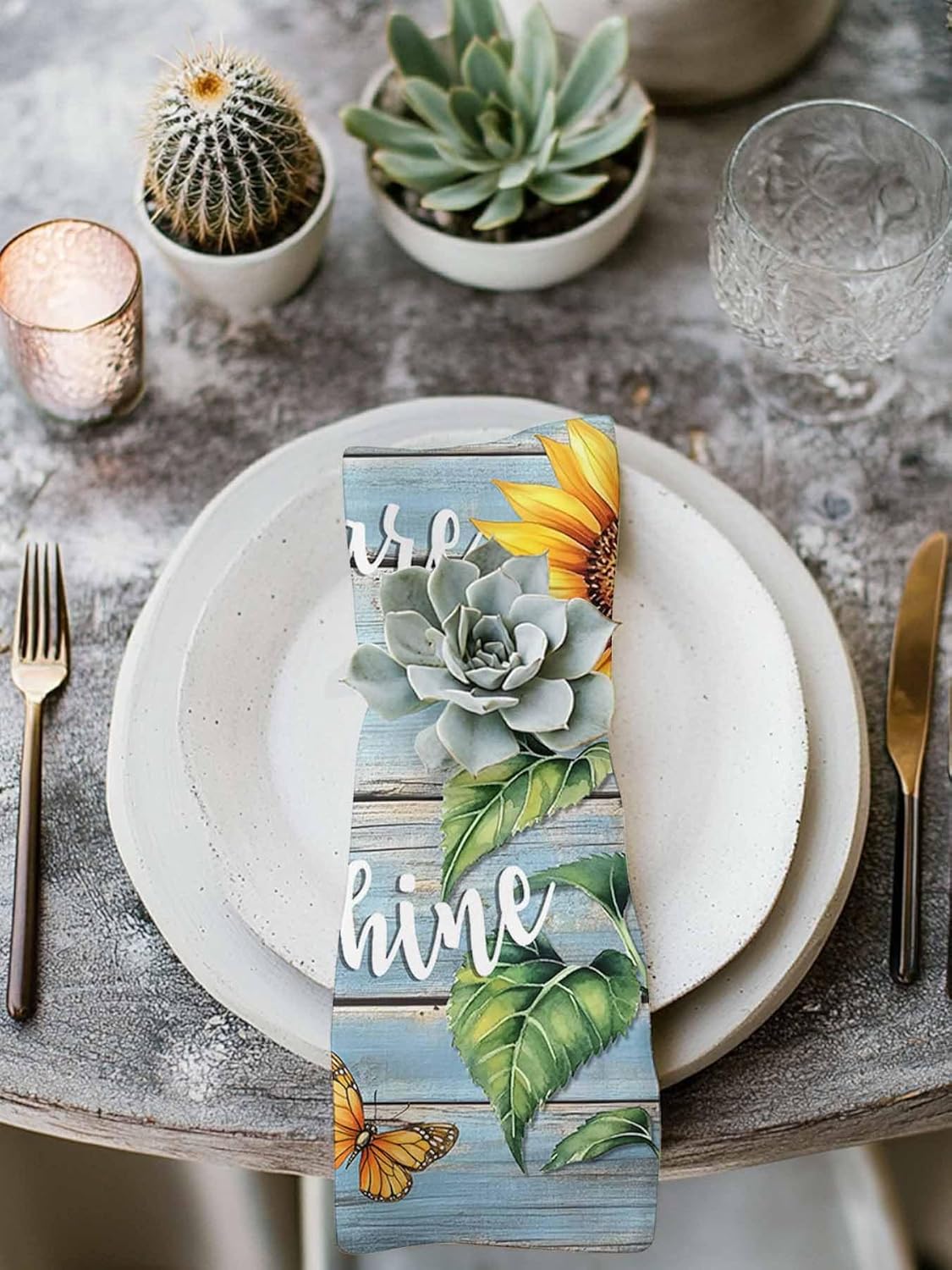 Vintage Sunflower Cloth Napkins Set of 8, You are My Sun Shine Reusable Dinner Napkins Cloth Butterfly Blue Wood Board Washable Dinner Towel for Wedding Party Kitchen Table Decoration, 20x20 Inch