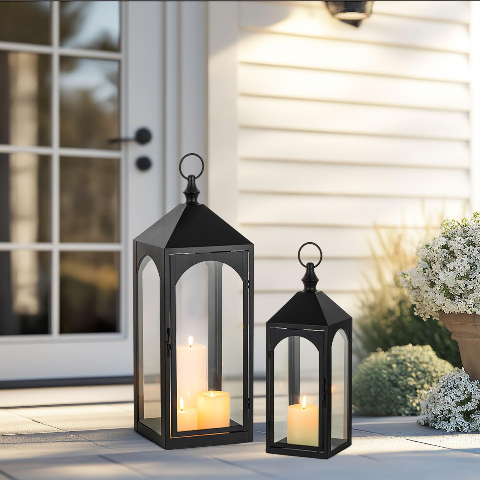 Groß Laternen für Draußen Wetterfest: 2er Set 43/59 cm XXL Windlicht Outdoor als Balkon Garten Deko schwarz Gartenlaterne Kerzenhalter mit Glas