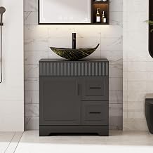 eclife 30" Bathroom Vanity Sink Combo with Painted Surface, Modern Freestanding Cabinet W/Decorative Wave Lines, Leaf-Shaped Glass Vessel Sink, Faucet & Drain, Black