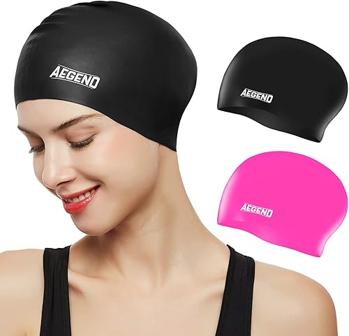 Aegend - Gorros de natación para cabello largo (2 unidades), gorras de natación de silicona duradera para mujeres, hombres, adultos, jóvenes, niños,