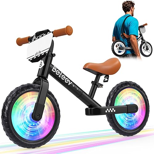 Miniatura 8 de BELEEV Bicicleta de equilibrio C2 para niños de 2 a 5 años con ruedas iluminadas LED, asiento ajustable, manillar y reposapiés, bicicleta de