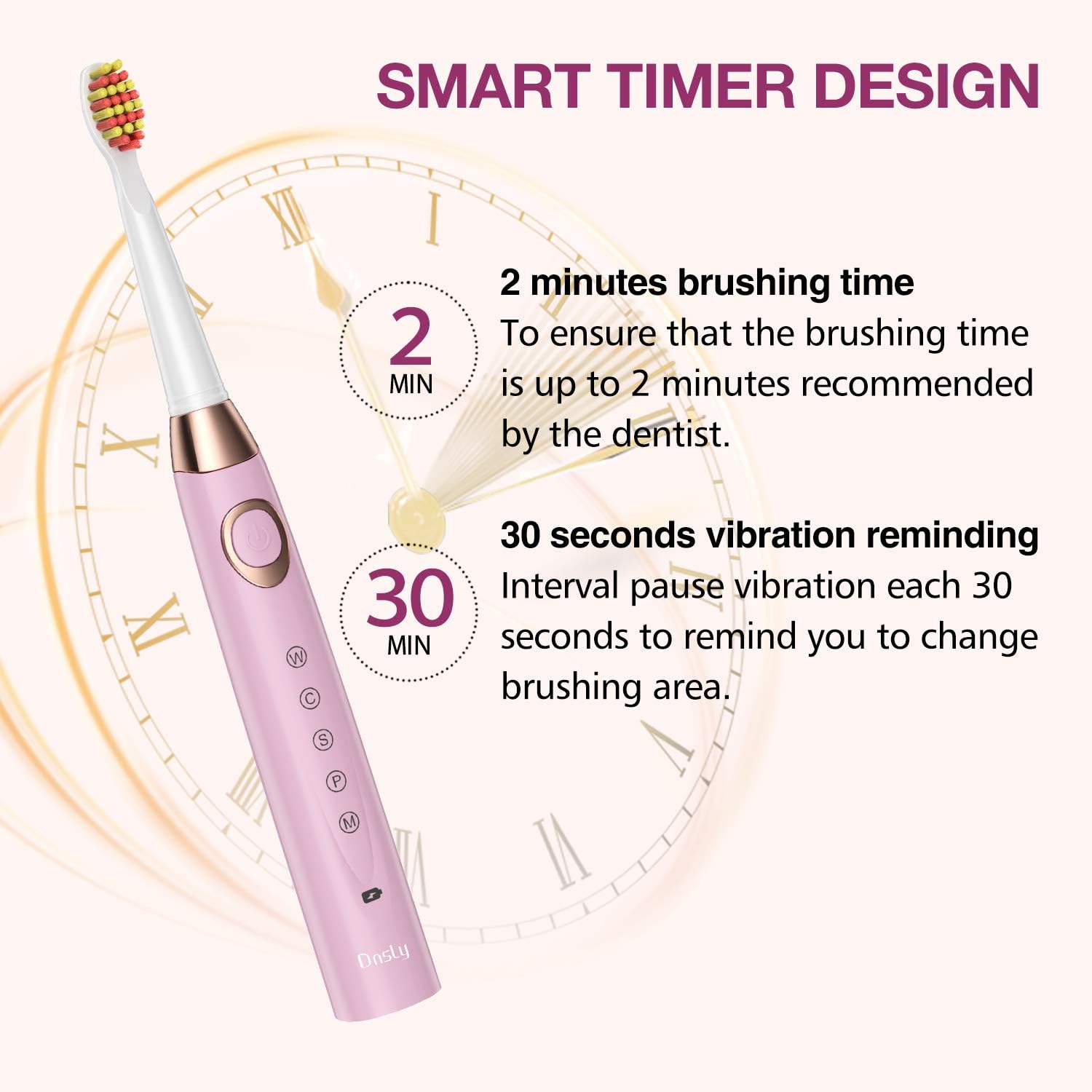 Ultrasonic Toothbrush Dnsly with 5 Modes Sonic Cleaning,Whitening Sonic Toothbrushes with 2-Min Smart Timer, 8 Brush Heads,1 Pink Travel Case,Rechargeable Toothbrush 4 Hours Charge for 30 Days Use : Everything Else