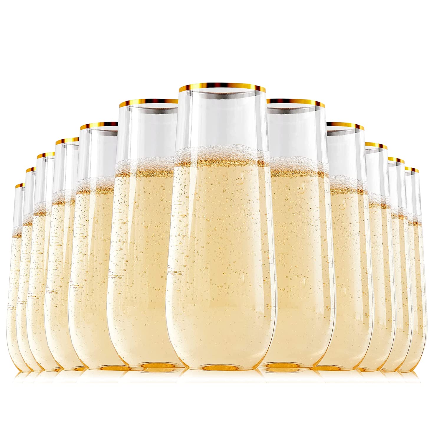 Arabest Plastic Champagne Flutes, 12pcs 250ml Gold Rim Plastic Champagne Glasses, Disposable Clear Stemless Toasting Glasses, Unbreakable Cocktail Cups for Parties, Wedding, Birthday
