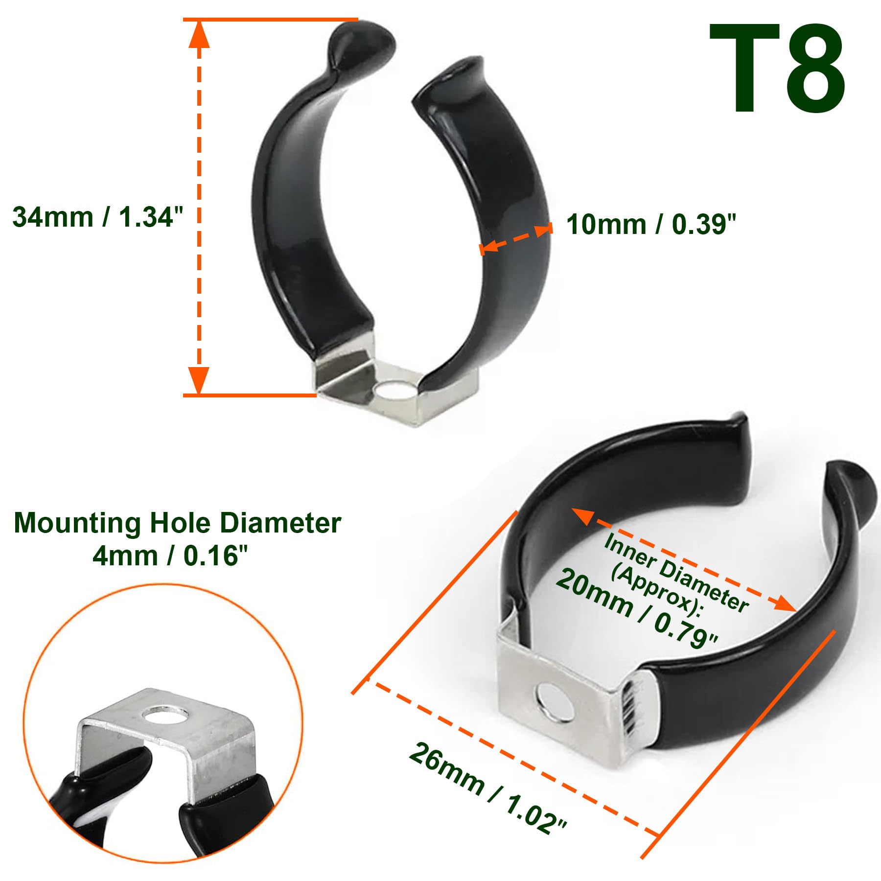 LEPEVNEY T8 U-Shaped Clips Tool Holder Clamp for LED Light Bulb Mounting 304 Stainless Steel Rope Support Holder Sping U Clip Pack of 8 - Image 2