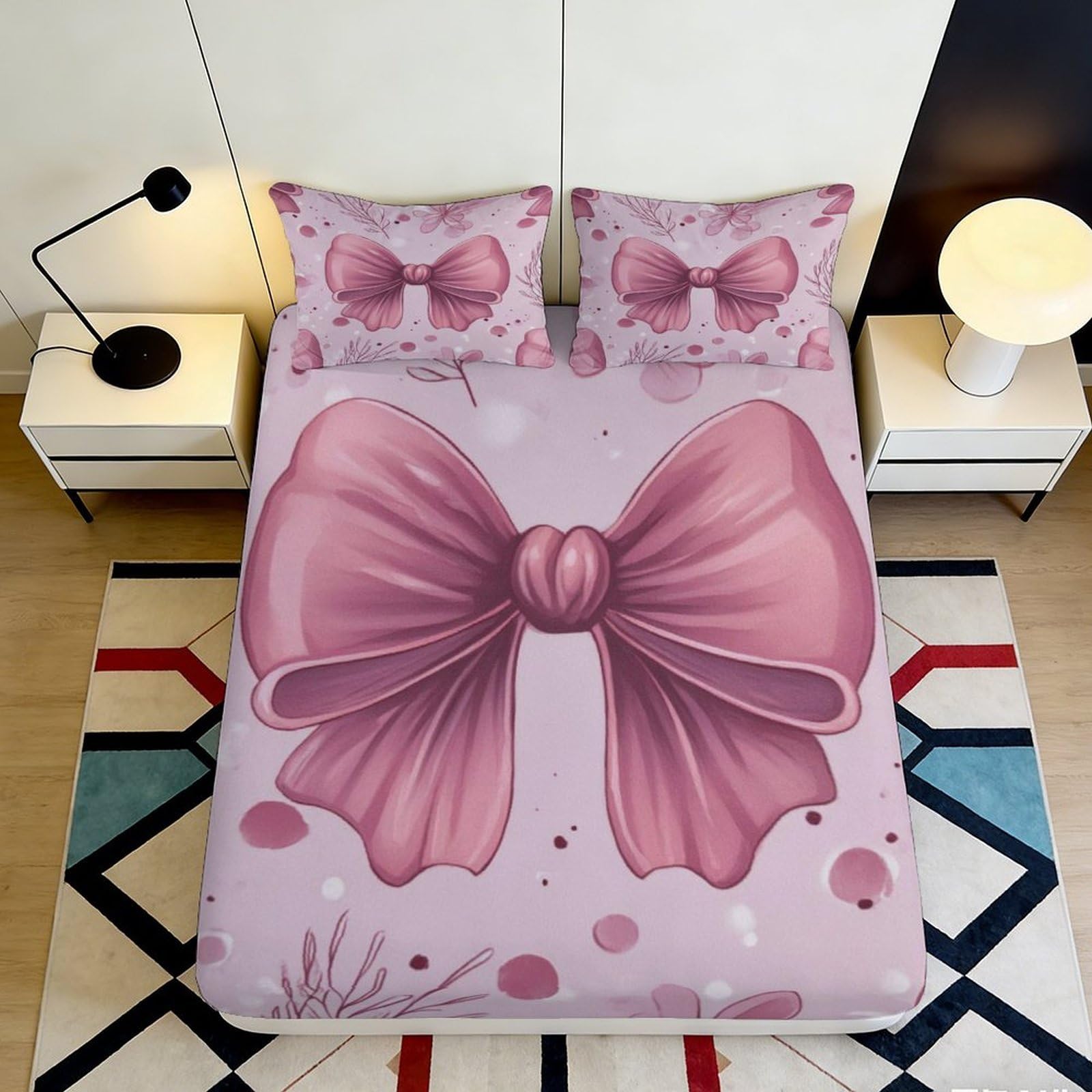 Ctjqhvmx Style-2 3D Printed Bow Fitted Sheet Microfiber Elastic Hem Bedroom Bedding Bow Mattress Fitted Cover Deep Pocket Non-Slip Washable Full Wrap 90X200x25cm 90X200x25cm