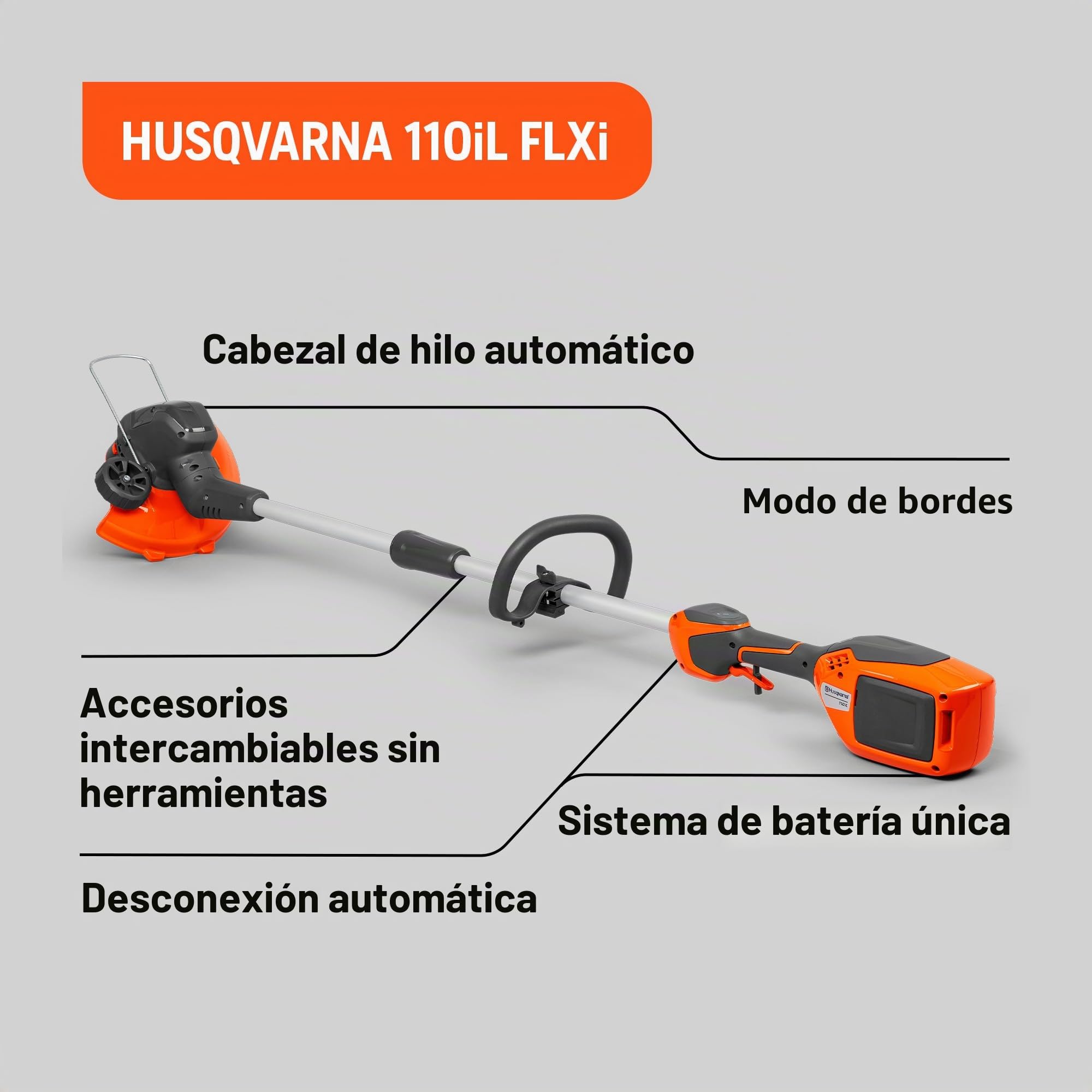 Husqvarna 110iL - Desbrozadora de césped con batería de 36 V, ligera, silenciosa y versátil, con modo de corte de bordes, soporte protector de plantas y compatibilidad con accesorios intercambiables