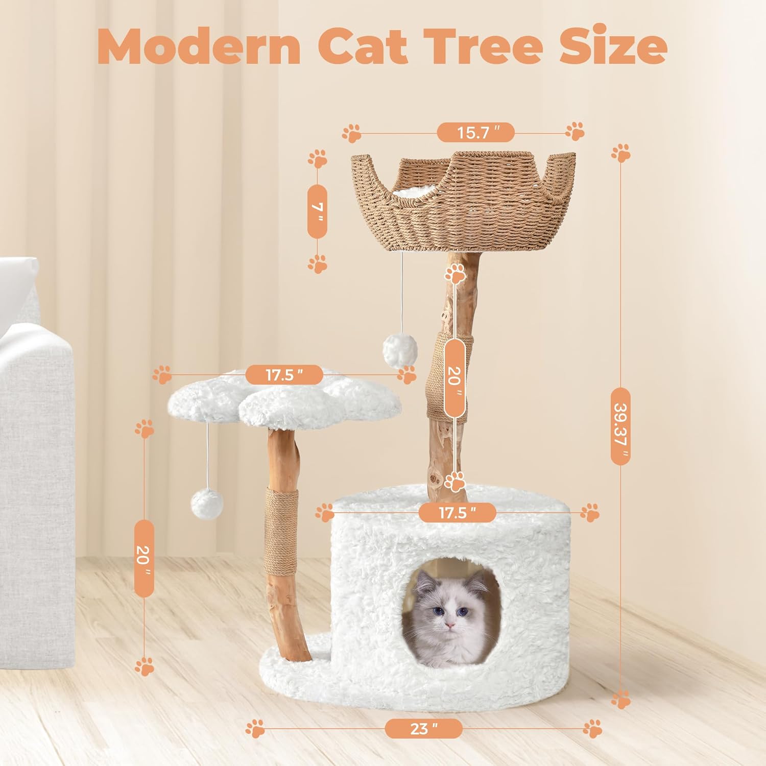 Easyego Modern Cat Tree, 39.3" Aesthetic Wood Cat Tree Tower for Large Cats, Luxury Cat Condo with Scratching Posts and Flower Platforms, Cat Furniture, White