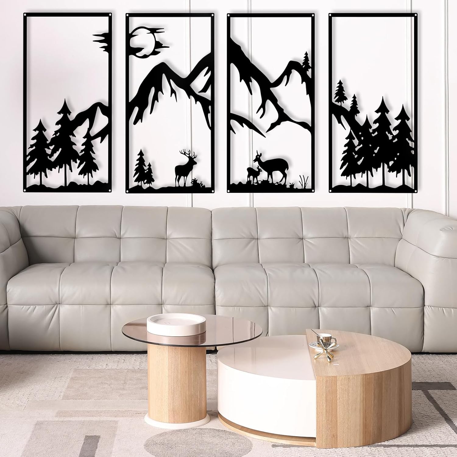 Bdor Four-in-One Metal Wall Art - 22.05" x 12.20" Each Panel - Mountain Deer Silhouette Wall Decor - Modern Rustic Forest Landscape for Home & Office
