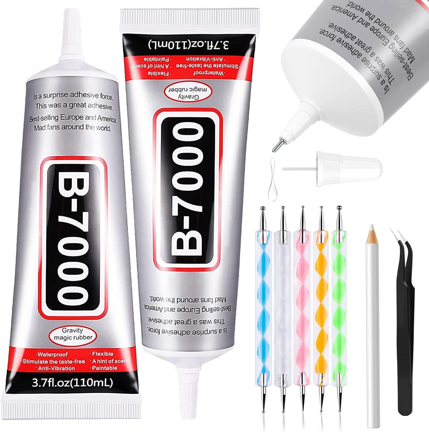 FITTDYHE B7000 Adhesive Rhinestone Craft Glue, 2 Pieces 110ml / 4oz B7000 Transparent Glue, 5 Point Pen Tool, Wax Pen and Tweezers, DIY Craft Makeup Shoes Jewelry Making Nail