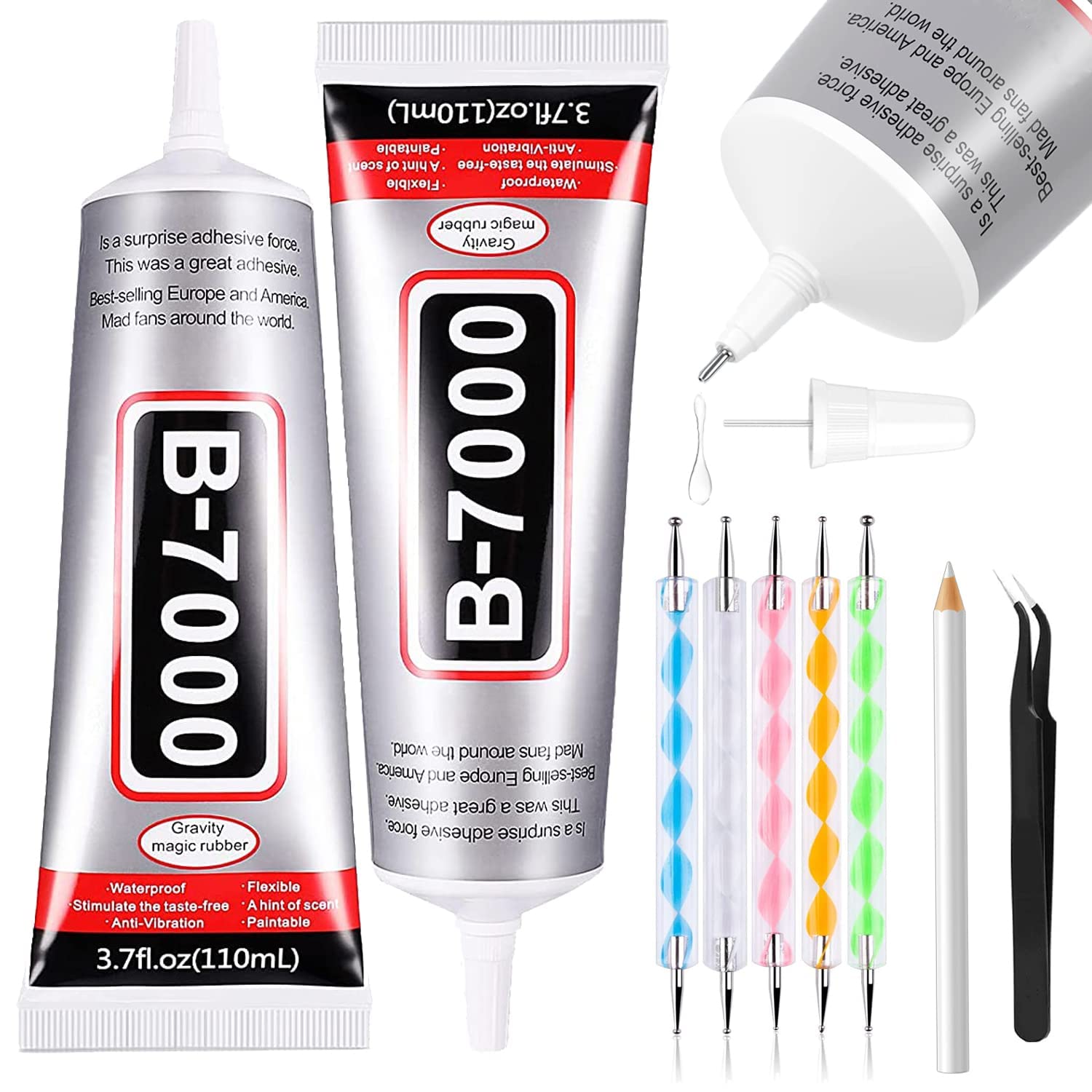 Dailychic B7000 Adhesive Rhinestones Glue for Crafts, 2PCS 110ml B7000 Clear Glue with 5 Dotting Pen Tool, Wax Pencil and Tweezer, Jewelry Glue for DIY Craft Makeup Shoes Jewelry Making Nail Art