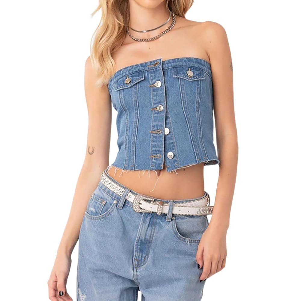 YADMISU Women's Frayed Button Front Denim Corset Top Smocked