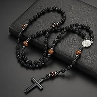 Vista 5 de Tiger Eye Cross Necklace for Men, Obsidian Necklace, Hematite Cross Pendant Lava Rock Rosary Healing Crystal Necklaces
