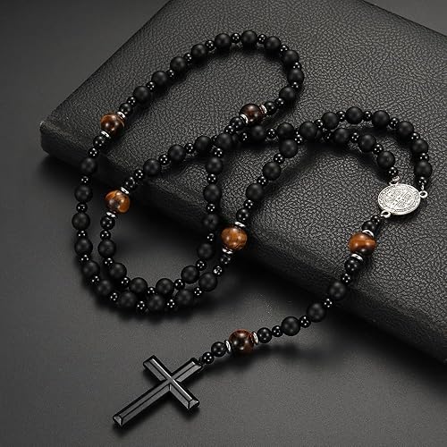 Miniatura 5 de Black Onyx Obsidian and Tiger Eye Beaded Hematite Cross Pendant Saint Benedict Necklace Christian Sacramental Medal Ward off Evil Protection Jewelry