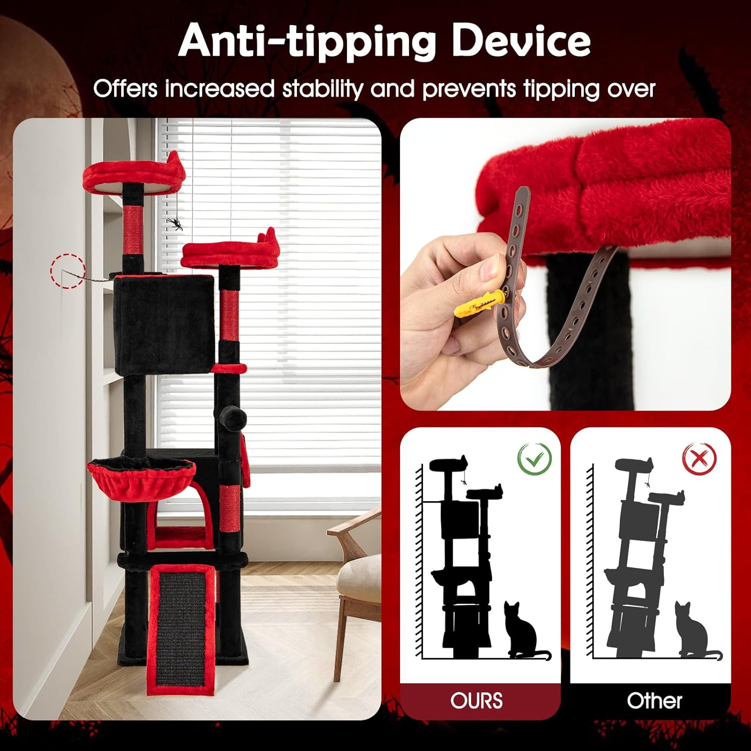 Tangkula Gothic Cat Tree, Large Spooky Cat Tower with Sisal Scratching Posts & Ramp, 2 Cat Condos, 2 Devil Ear-Shaped Perches, Spider Toys, Bat-Shaped Platform, Basket Bed, Goth Cat Tree, Black & Red