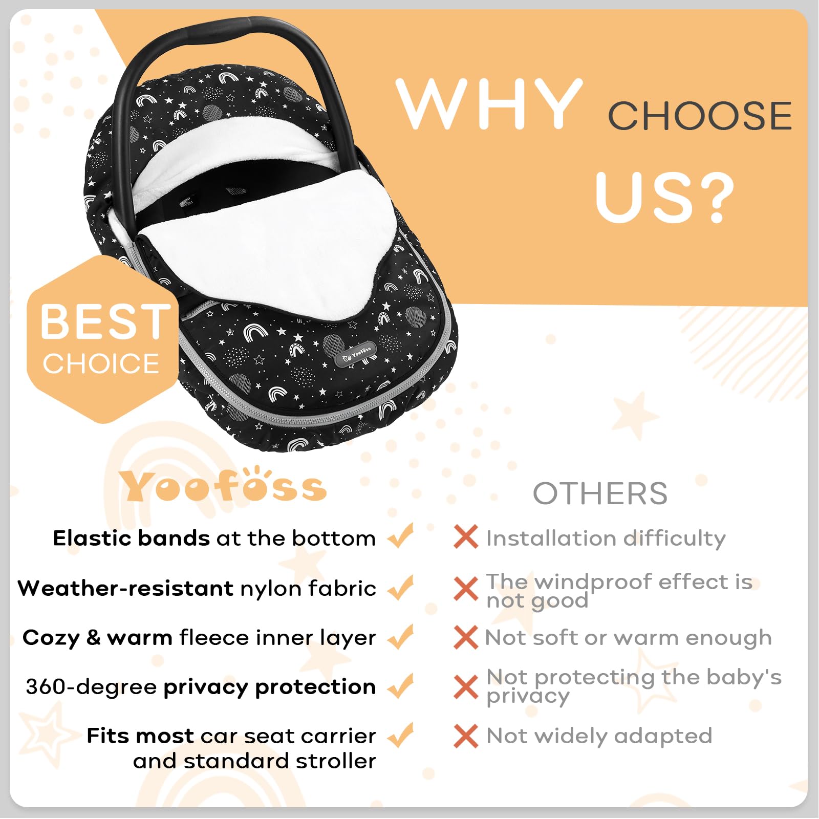 Yoofoss Housse de siège auto pour bébé - Housse d'hiver pour protéger bébé du vent froid - Housse de porte-bébé en polaire super chaude pour bébé garçons filles étoiles
