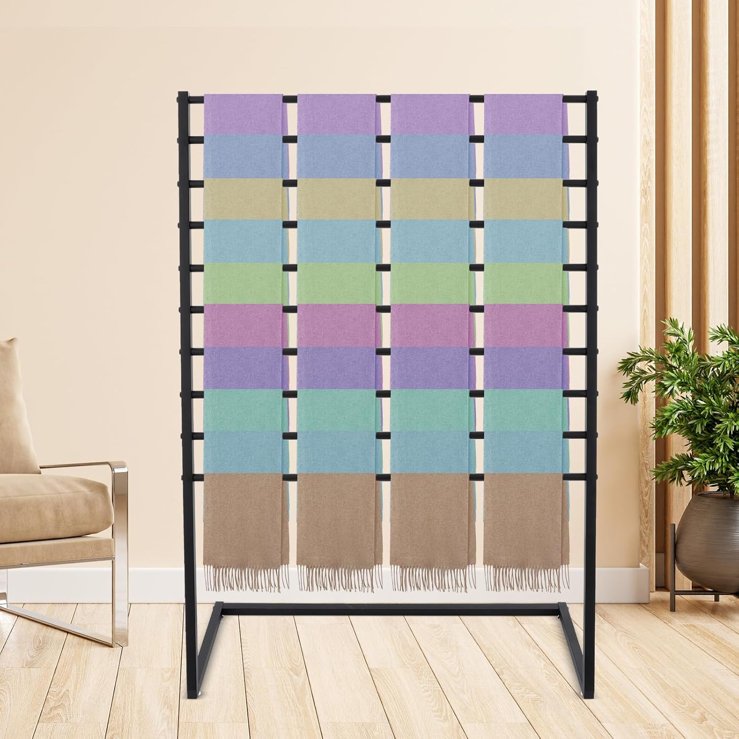 Scarf Display Stand 100cm, Freestanding Scarf Rack with Rods, Metal Fabric Holder Organizer for Home Retail Store, Black Vertical Storage Rack for Scarves Shawls Ties Hijabs