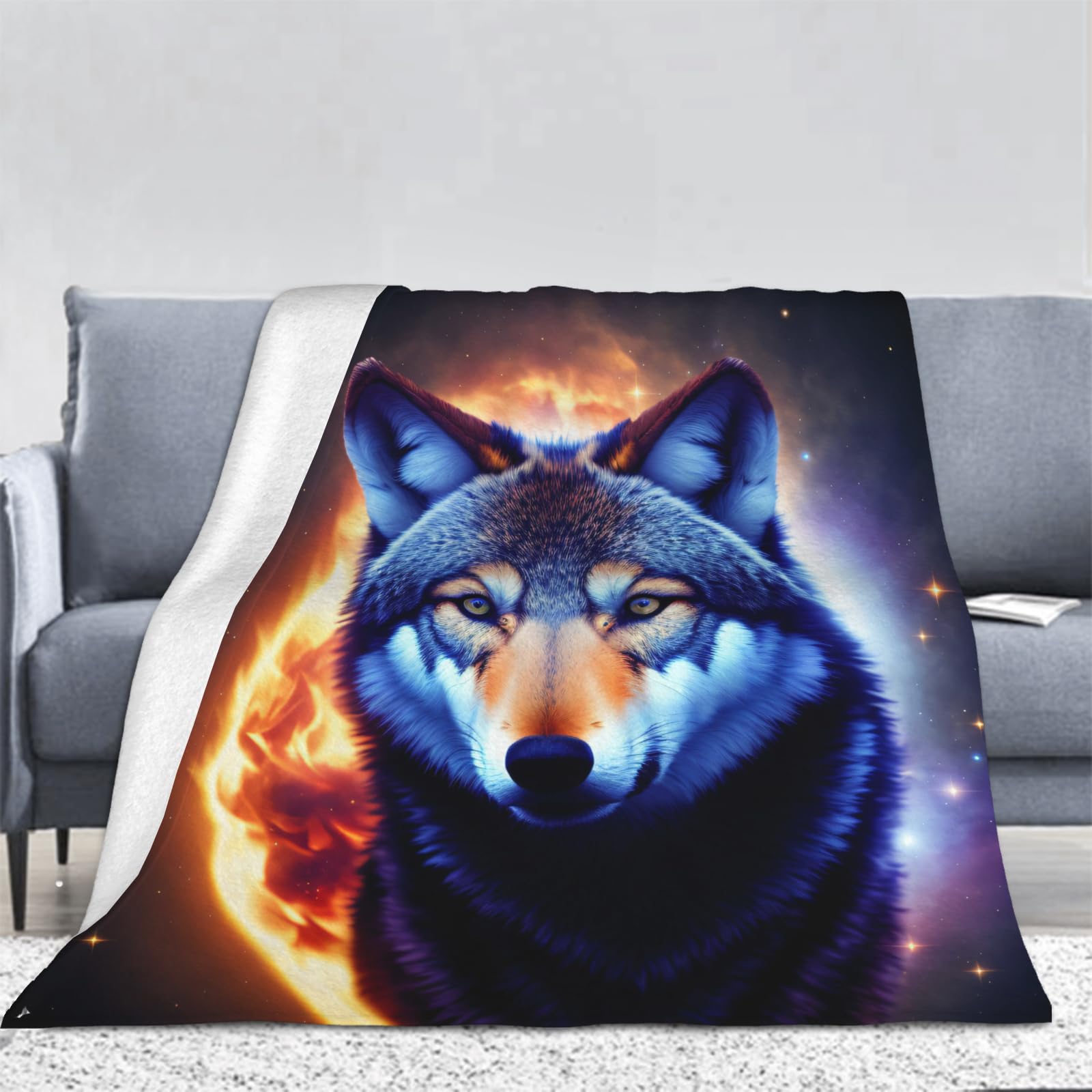 Plaid Couverture Polaire En Microfibre 180x200 Cm - Motif Loup, Doux Et Chaud, Pour Canapé Et Lit (bleu)