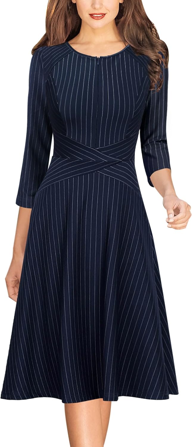 VFSHOW Womens Work Business Front Zipper A-Line Dresses 3/4 Sleeve Office Church Fit and Flare Skater Swing Knee Length Dress