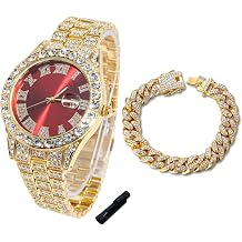 Halukakah Diamonds Gold Watch Iced Out for Boy Teens Kids - 18K Real Gold/Platinum Plated,42mm Blue/Green/Red Dial,Japanese Quartz - 8" Length - Optional with Cuban Link Chain,with Watch Adjuster Tool