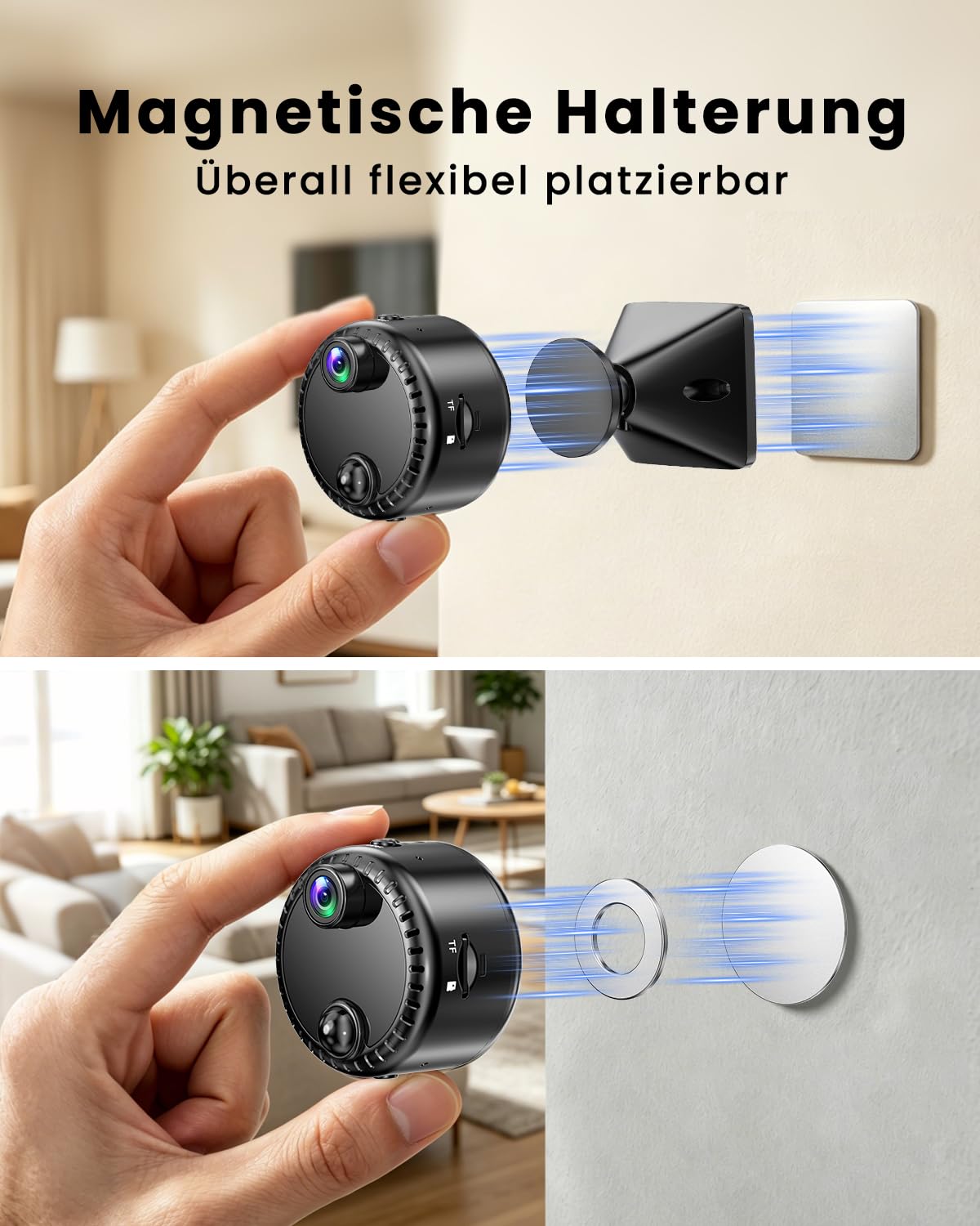Mini Kamera 4K WLAN Überwachungskamera innen kabellos mit Akku, 2,4/5 GHz WiFi, Live-Übertragung aufs Handy, KI-Personenerkennung, Bewegungsmelder, Nachtsicht, SD & Cloud Speicher