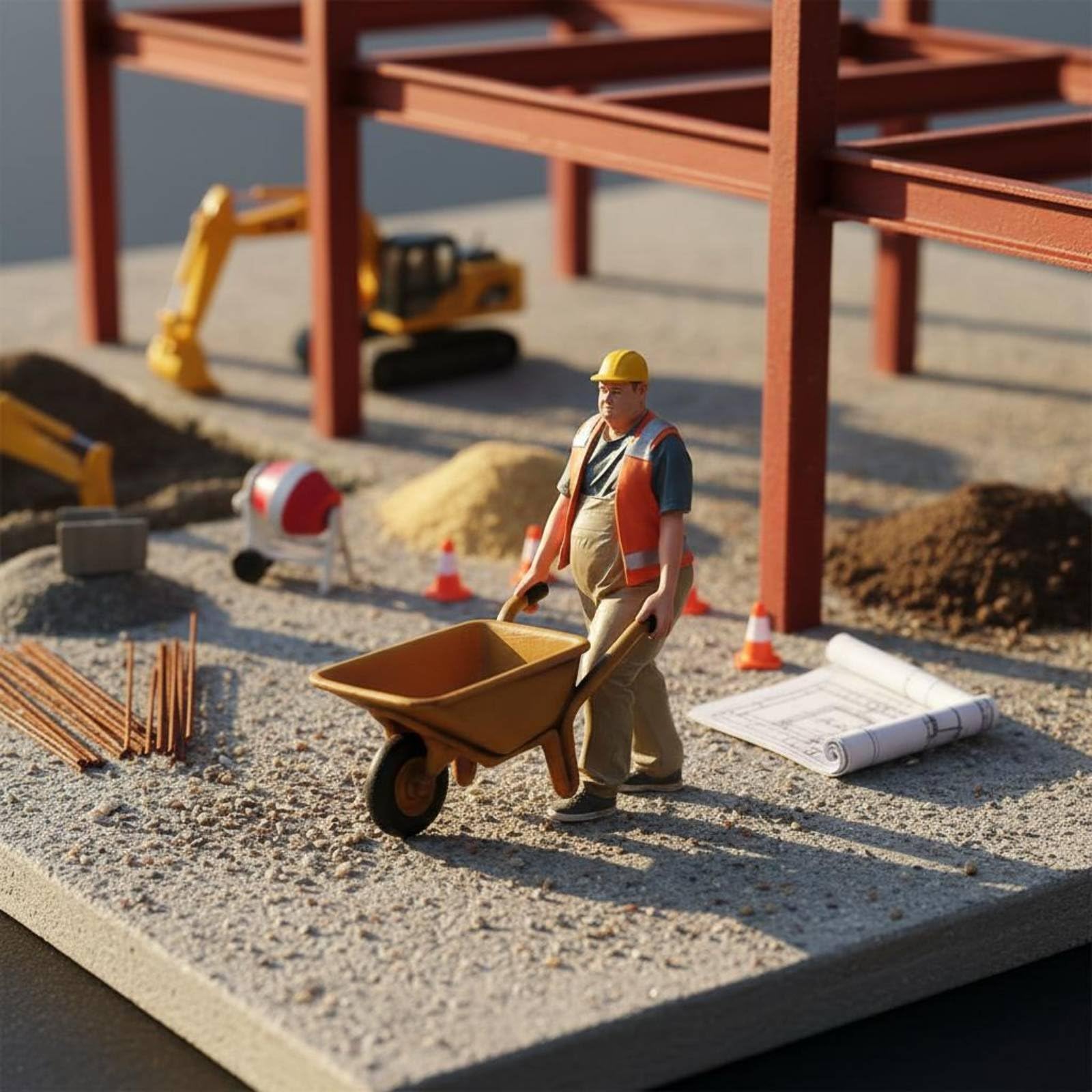 Figure da Cantiere Statuetta Miniatura Operaio Statico Modellino Scena Costruzione Resina Dettagli Dipinta a Mano Caratterizzata da Espressioni, Operaio Con Pala E Casco In Mano