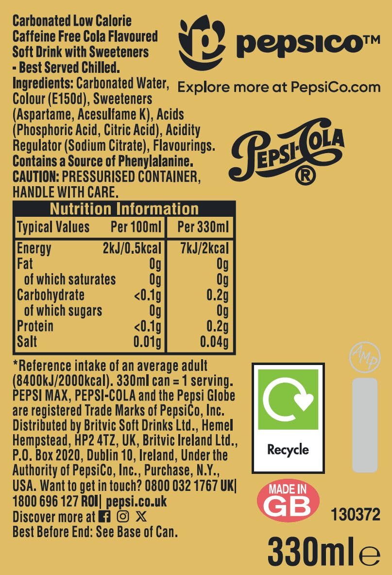 Pepsi Max No Caffeine, 24 x330ml - 2