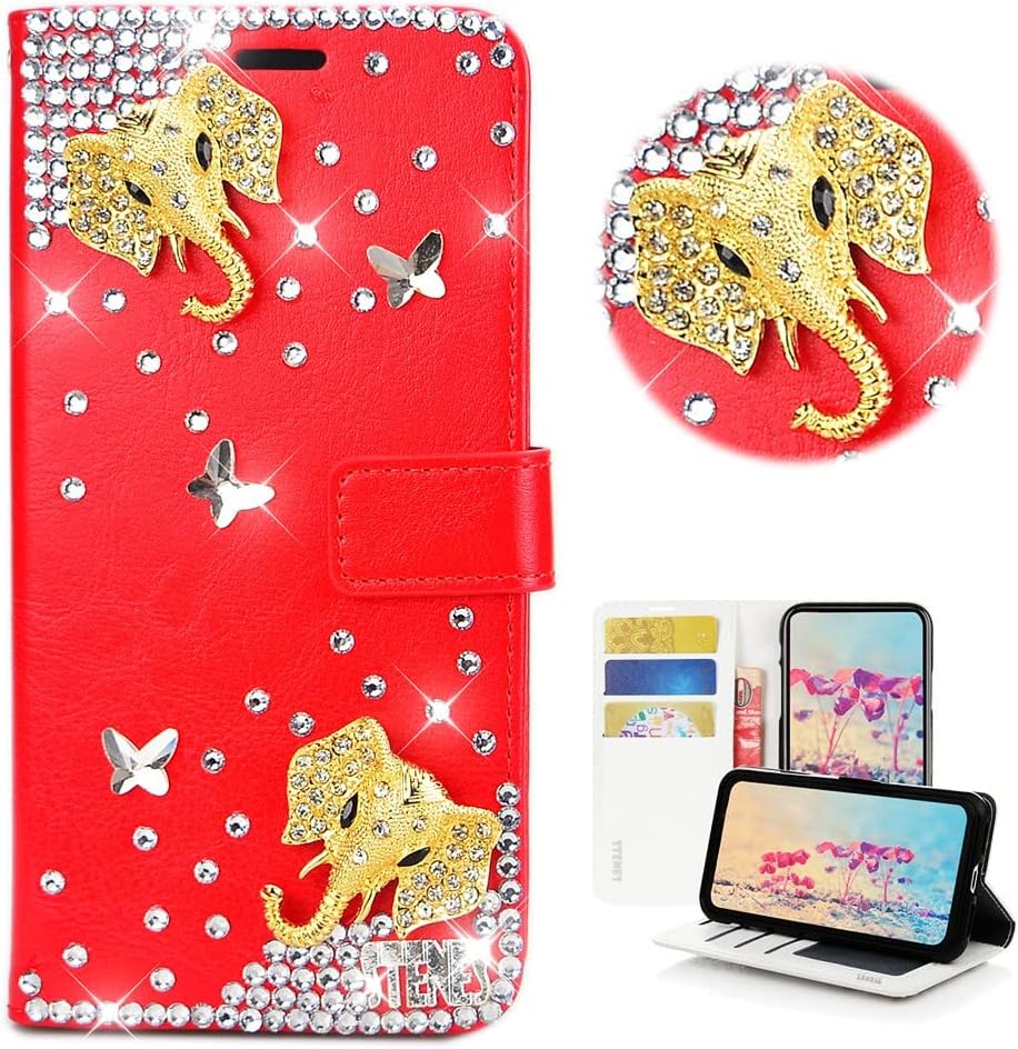 STENES Bling Wallet Phone Case Compatible with Samsung Galaxy S22 Ultra Case - Stylish - 3D Handmade Elephant Butterfly Design Magnetic Wallet Stand Leather Cover Case - Red